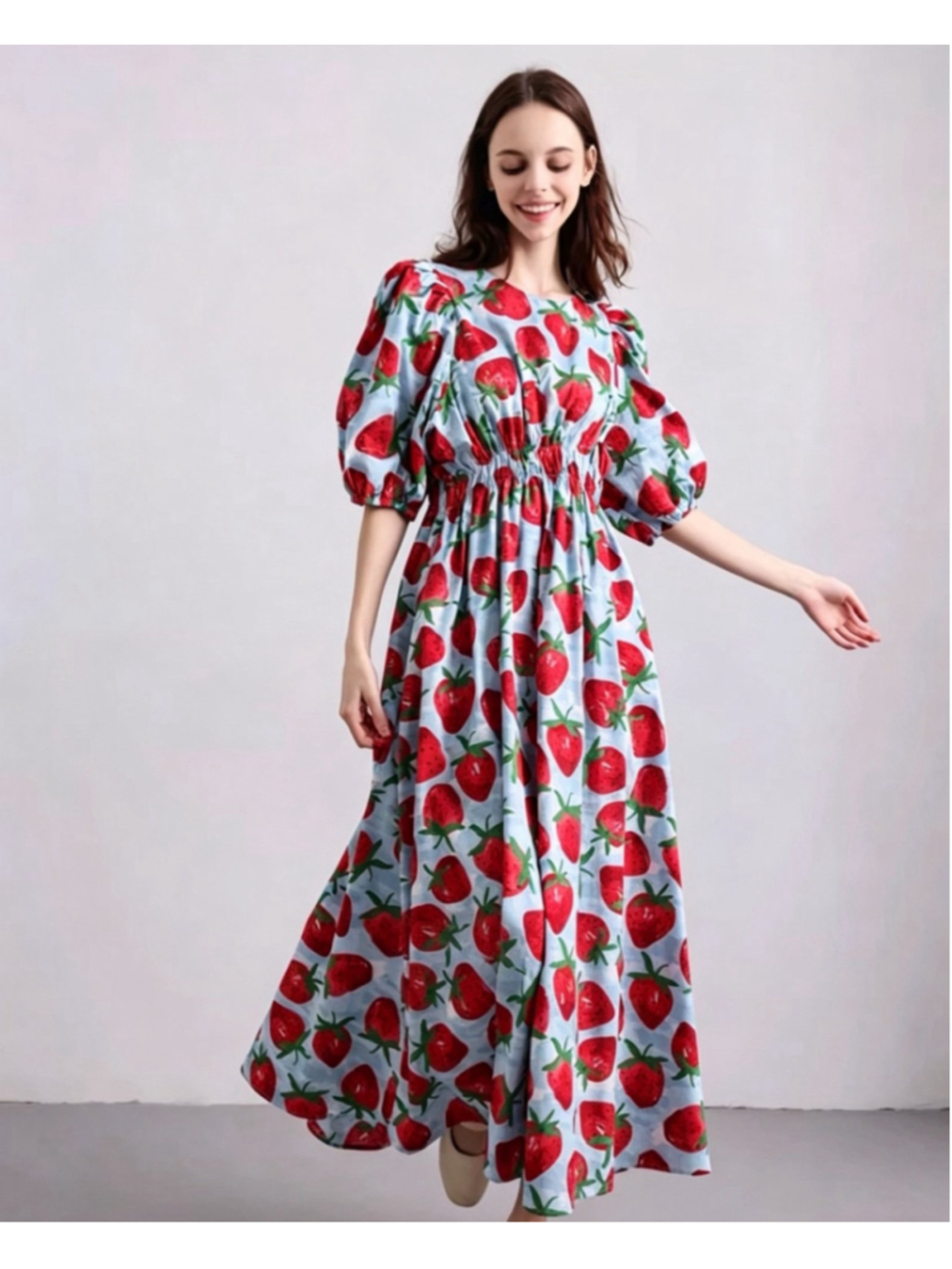 Blue Strawberry Long Dress Size Small Puff Sleeves